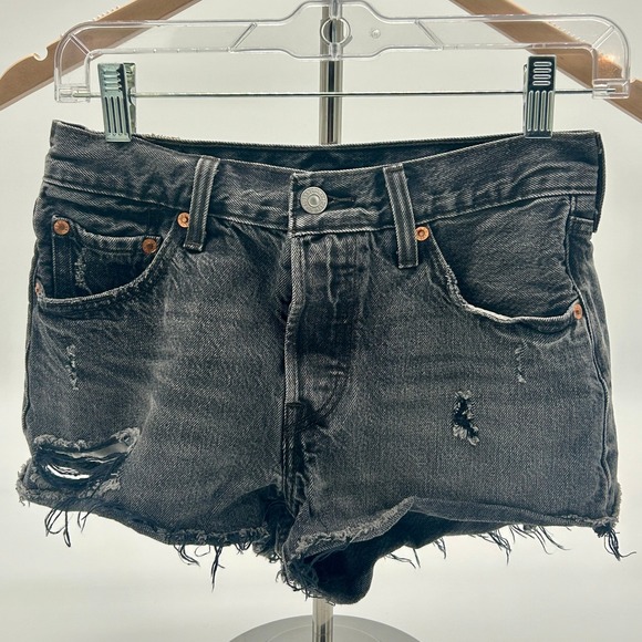 Levi's 501 Black Wash Denim Shorts Women's Distressed Frayed Hem - Picture 1 of 12